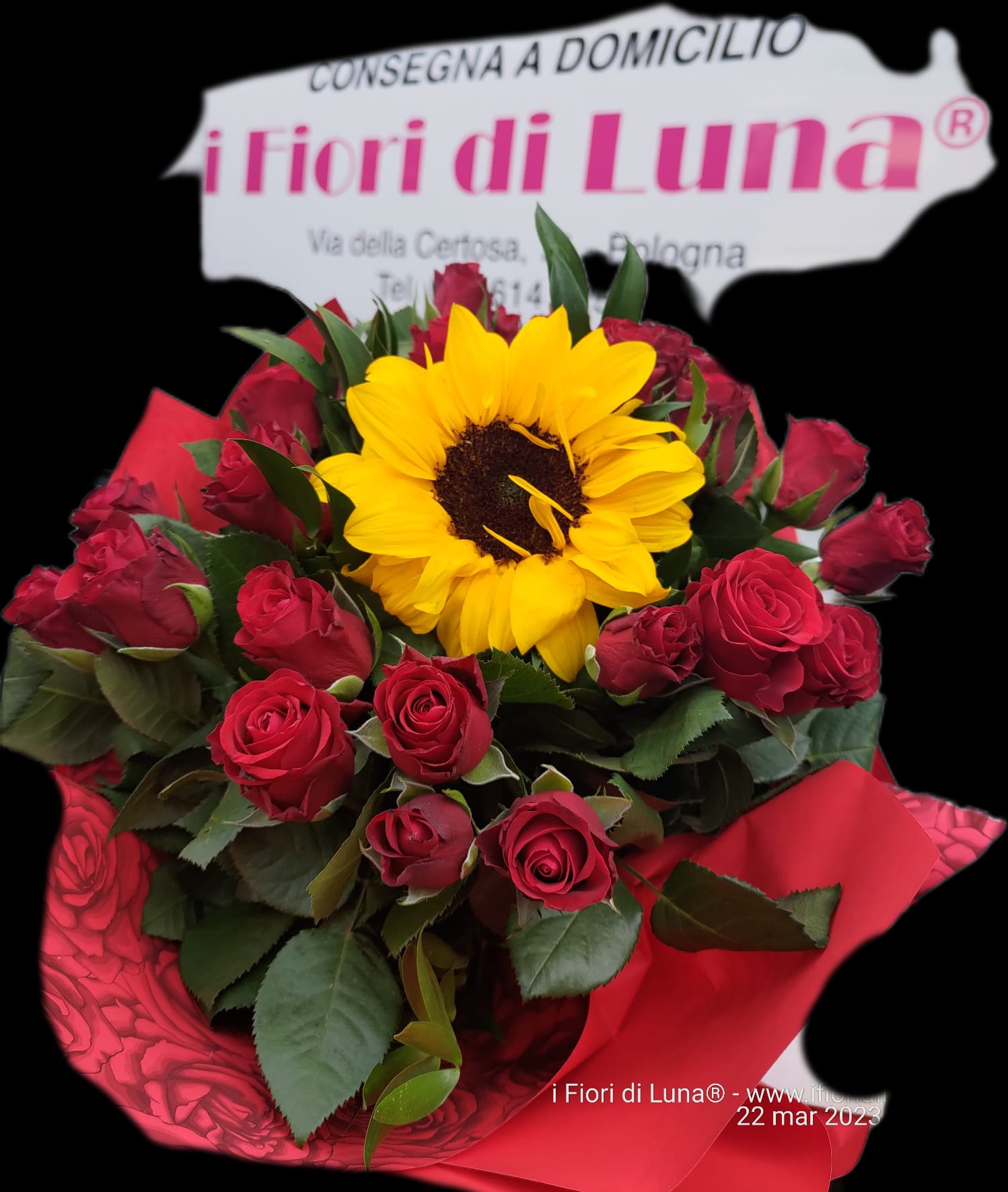 🌹🌻 Bouquet di Rose Rosse con Girasole - immagine 3